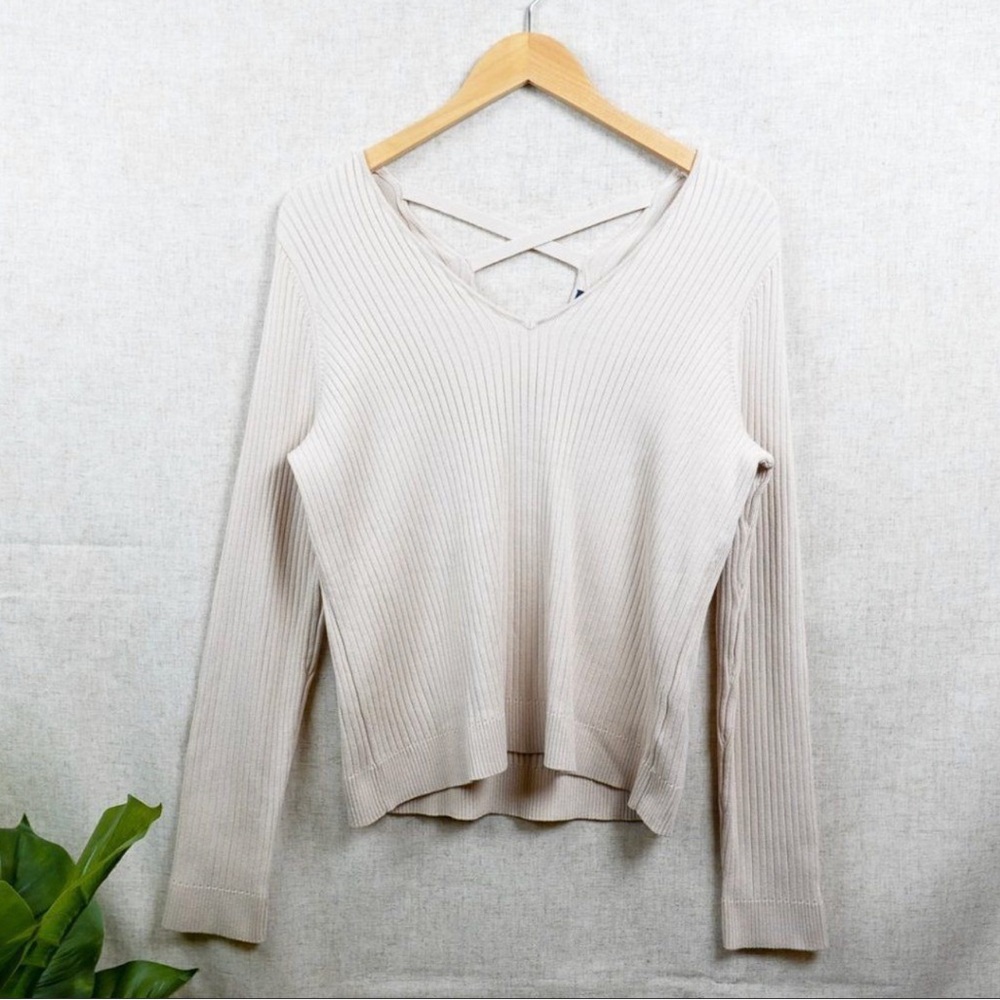 Skies Are Blue Women Emely V Neck Cross Back Fitted Sweater Cream XL